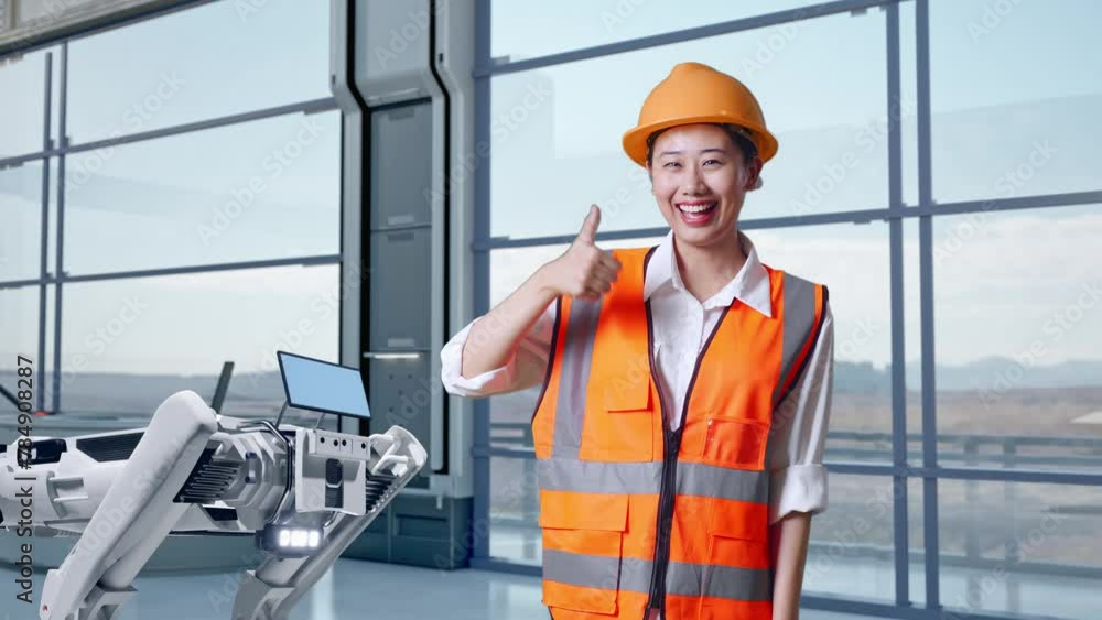 Asian Female Engineer With Safety Helmet Smiling And Showing Thumbs Up Gesture To The Camera While Standing In High Tech Factory, Analyzing Robotic Machine Concept Asian Female Engineer With Safety Helmet Smiling And Showing Thumbs Up Gesture To The Camera While Standing In High Tech Factory, Analyzing Robotic Machine Concept