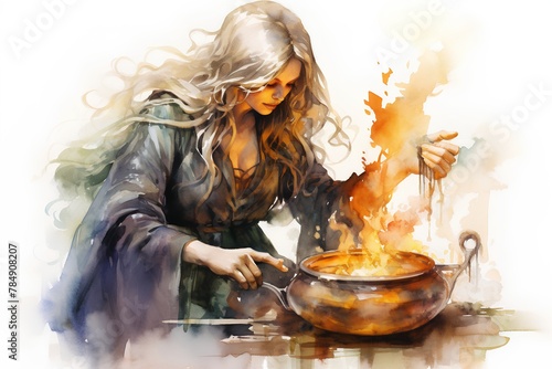 Watercolor painting of a woman with a pot of boiling water.