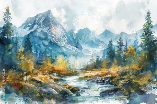 A painting of a mountain range with a river running through it