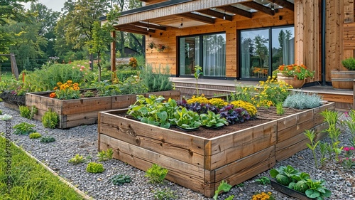 In a contemporary garden, wooden raised beds are used to cultivate flowers, vegetables, herbs, and spices next to a wooden farmhouse in the countryside.