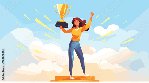 Woman celebrating victory. Girl holding gold cup on
