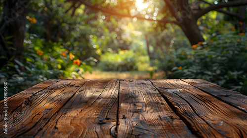 Wooden Table Surface Bathed in Sunlight with Abstract Blurred Garden Backdrop