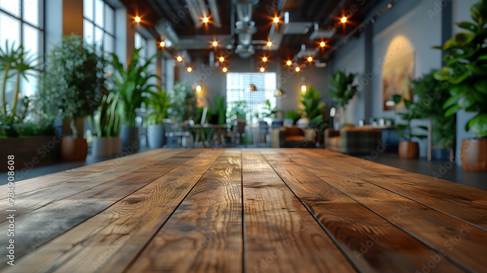 Elegant Wooden Table in Modern Office Interior with Hanging Lights Ideal Surface for Product Display Montage Elegant Wooden Table in Modern Office Interior with Hanging Lights Ideal Surface for Product Display Montage