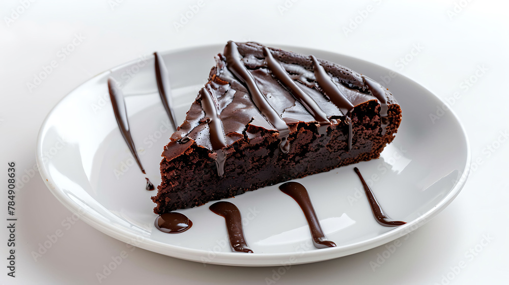 a piece of brownie cake with melted chocolate on a white plate on a white background a piece of brownie cake with melted chocolate on a white plate on a white background