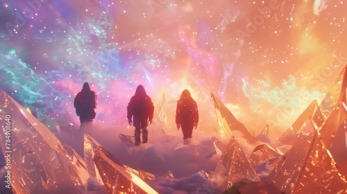 Three figures clad in futuristic suits gaze out into the crystal terrain their bodies silhouetted against the colorful sky. . . photo