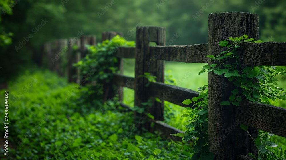 Verdant wooden fence line overgrown with fresh green leaves, symbolizing the tranquility of nature and the concept of growth and boundary.