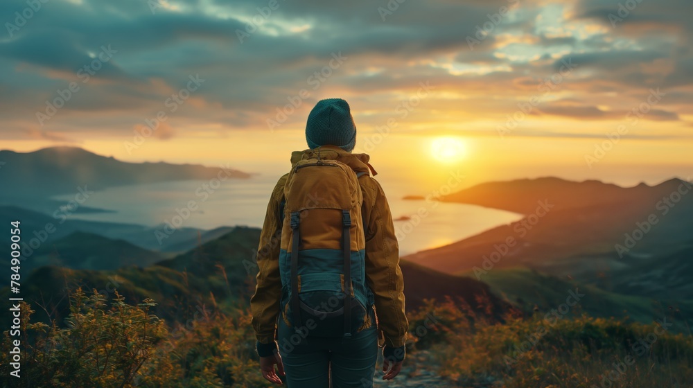 Adventurous hiker facing a sunset over mountainous terrain, evoking a sense of discovery and the concept of travel and exploration.
