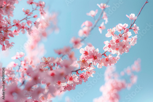 Pink cherry blossoms bloom in spring under the blue sky