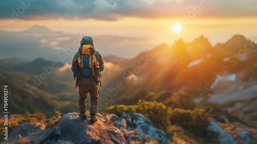 Solo hiker on mountain peak at sunrise, Concept of adventure, exploration, and solitude