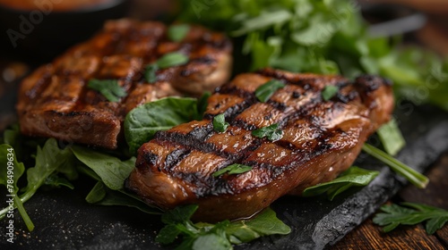 Grilled pork steaks on fresh green salad creating a mouth-watering display of barbecue cuisine, concept of cooking, gastronomy, and culinary arts