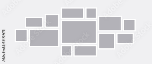 Mood board or photo collage template. Mosaic art grid arrangement. Grey picture frame horizontal composition. Wall gallery layout design concept for presentation, poster, mockup, banner, flyer. Vector