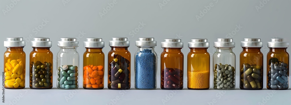 Detailed view of various medication bottles lined up, showcasing the diversity in pharmaceutical treatments Detailed view of various medication bottles lined up, showcasing the diversity in pharmaceutical treatments
