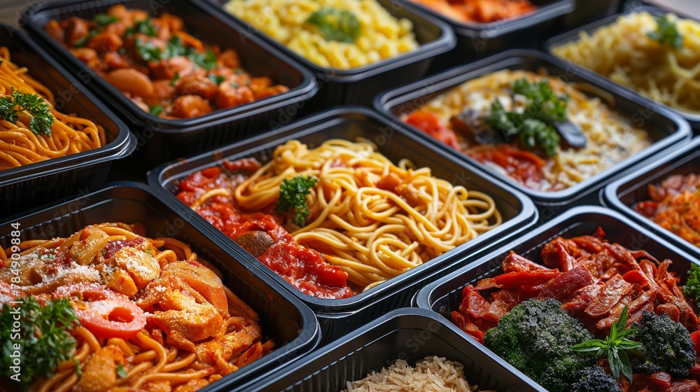 Assorted Italian dishes in takeaway containers, Concept of food delivery, convenience, and variety