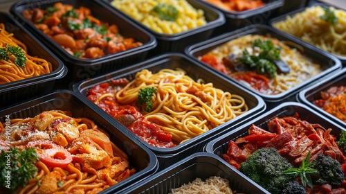 Assorted Italian dishes in takeaway containers  Concept of food delivery  convenience  and variety