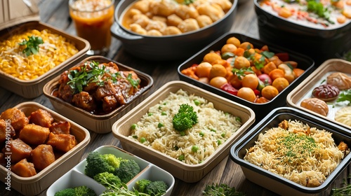 Assorted takeout dishes in eco-friendly packaging  highlighting convenience and variety in modern food delivery services  concept of fast food and dining