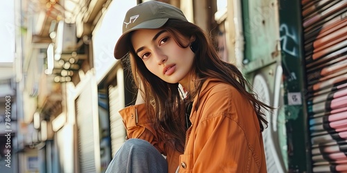 photo of young woman in streetwear - generation z fashion and style in urban setting