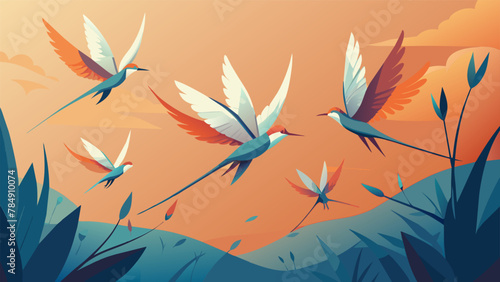A the tall spiky plants a herd of graceful creatures with slender bodies and four delicate wings glide through the air. Their iridescent wings