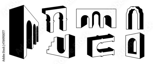 Set of linear surreal arches in perspective. Outline fun geometric element collection. Bold 3d nave, arc, gate, dome bundle. Trippy shapes bundle for collage, poster, banner, sticker. Vector art pack