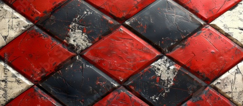 A detailed view of a floor with red and black tiles arranged in a white checkered pattern, creating a striking visual contrast
