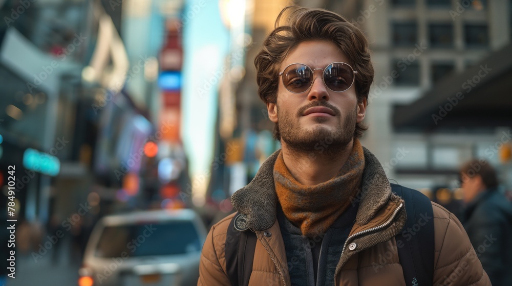 Fashionable man in urban winter attire with reflective sunglasses, concept of modern male fashion and city life in winter
