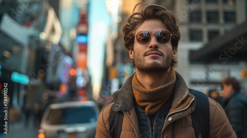 Fashionable man in urban winter attire with reflective sunglasses, concept of modern male fashion and city life in winter © Wahyu