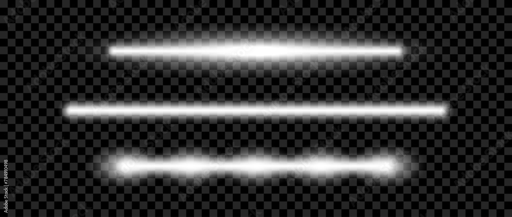 White neon tube lamp set. Glowing led light line beam collection. Luminous fluorescent bar stick lines bundle. Colorless strip element pack to divide, separate, decorate. Vector illustration