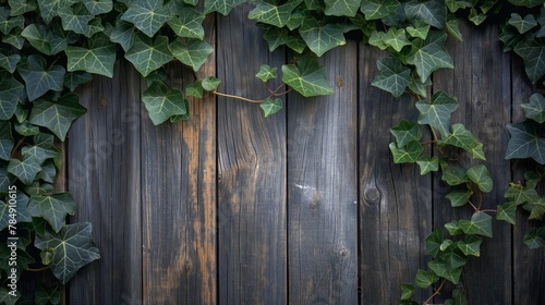 Ivy leaves embracing rustic wooden planks, showcasing nature's gentle takeover of manmade structures, concept of growth and harmony with nature
