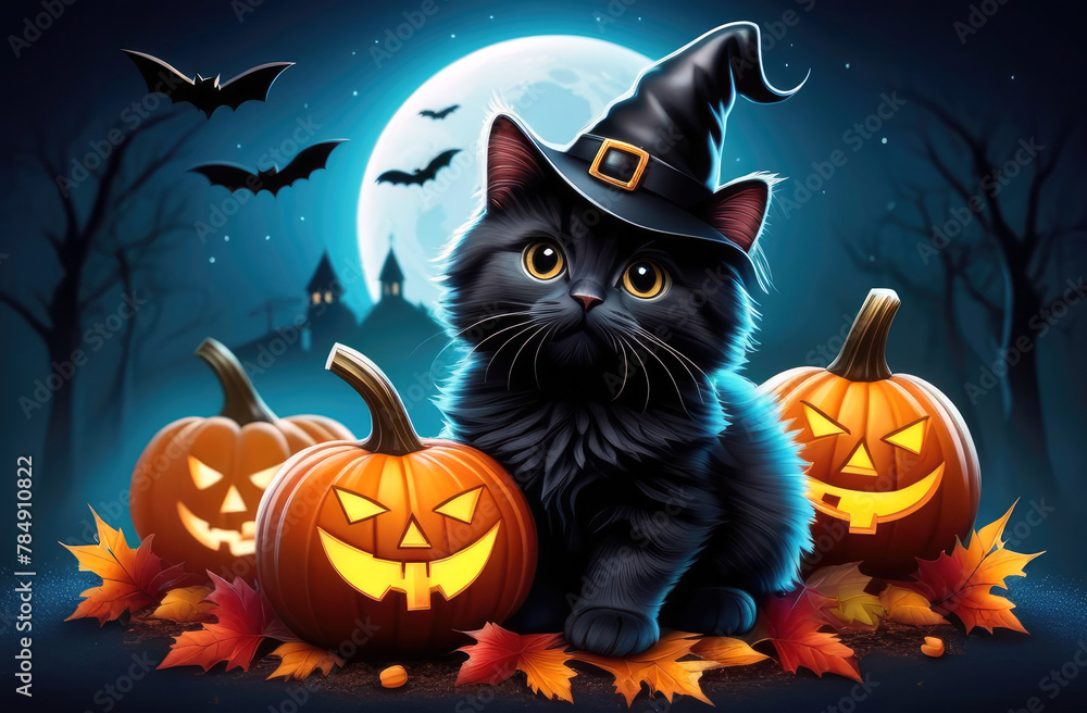 A black kitten wearing a witch's hat sits next to pumpkins. The concept is Halloween, the night of all the saints A black kitten wearing a witch's hat sits next to pumpkins. The concept is Halloween, the night of all the saints