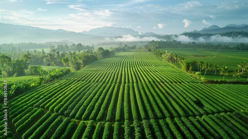 Vast Verdant Farmlands with Undulating Rows Nestled in Misty Mountain Vistas Optimizing Agricultural Supply Chain Processes