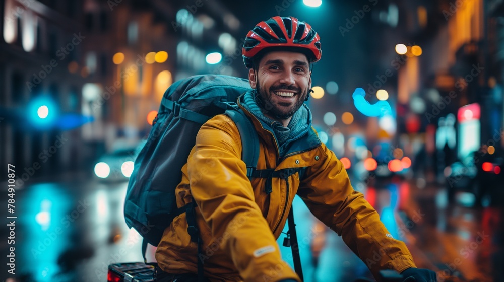 Joyful delivery cyclist with a bright smile navigating through the city nightlife, Concept of urban eco-friendly transportation, gig economy, and cheerful service.