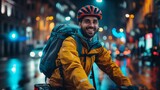 Joyful delivery cyclist with a bright smile navigating through the city nightlife, Concept of urban eco-friendly transportation, gig economy, and cheerful service.