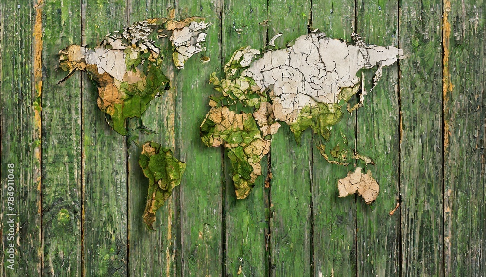 photorealistic, world map on rotten brick wall and wood wall