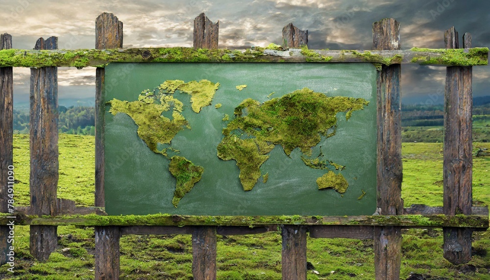 photorealistic, world map on rotten brick wall and wood wall