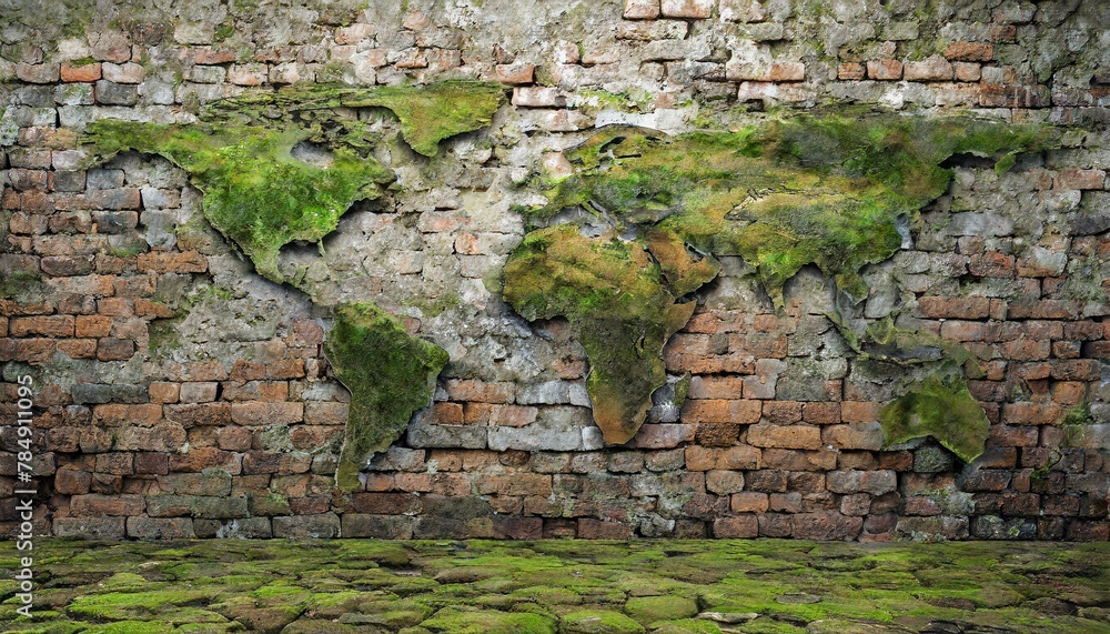 photorealistic, world map on rotten brick wall and wood wall