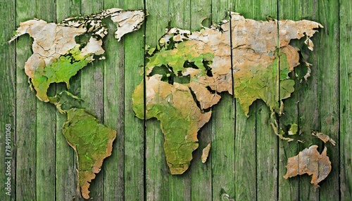 Obraz na płótnie photorealistic, world map on rotten brick wall and wood wall w salonie