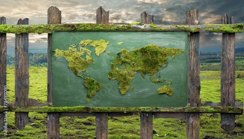 Obraz na płótnie photorealistic, world map on rotten brick wall and wood wall w salonie