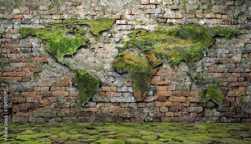 Obraz na płótnie photorealistic, world map on rotten brick wall and wood wall w salonie