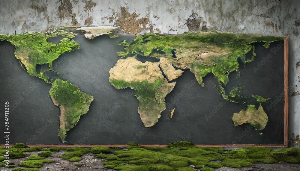 photorealistic, world map on rotten brick wall and wood wall