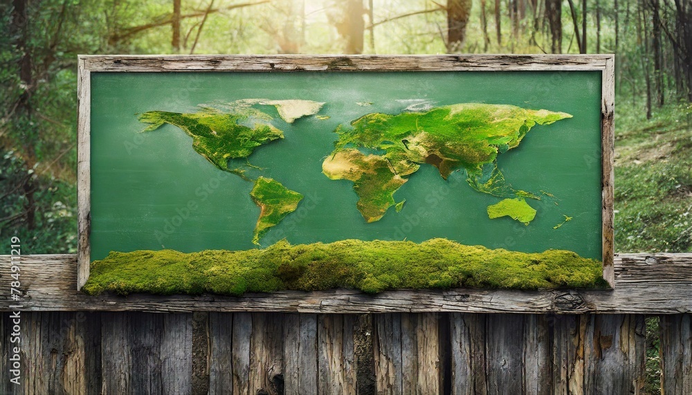 photorealistic, world map on rotten brick wall and wood wall
