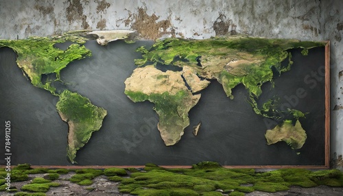 Obraz na płótnie photorealistic, world map on rotten brick wall and wood wall w salonie