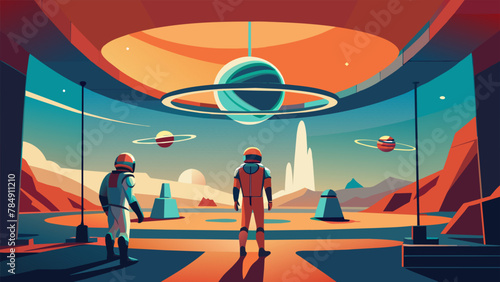 Inside the human habitat is a hub of activity with bustling residents zipping around in antigravity suits. As they go about their daily tasks