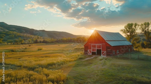 Picturesque Rural Farmland with Iconic Red Barn at Scenic Countryside Sunset © Intelligent Horizons