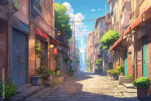 Houses in a narrow urban alley with a footpath in the middle. In anime style
