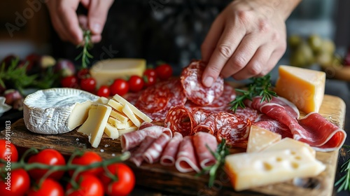 Close-up of a gourmet charcuterie board with variety of cheese, salami, and fresh herbs, Concept of culinary art, fine dining, and gastronomy