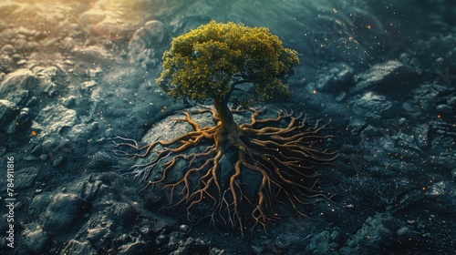 tree with roots wrapped around the Earth  living things and the environment