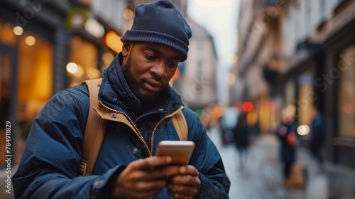 Focused man in winter attire using smartphone on a busy city street, Concept of modern life, communication, and technology in urban settings photo