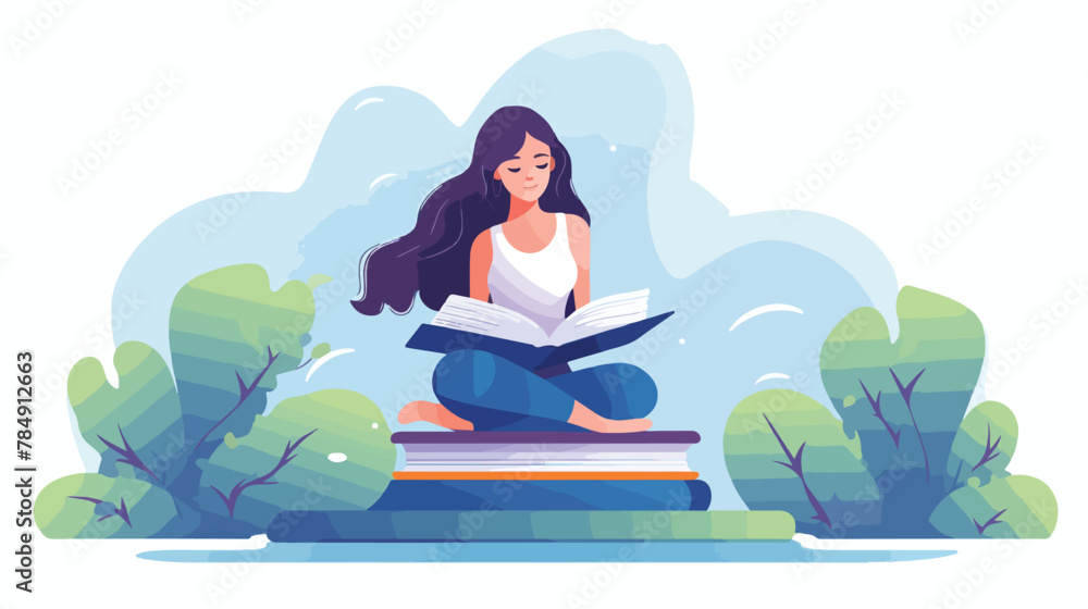 Woman reading on stack of books. Student girl doing