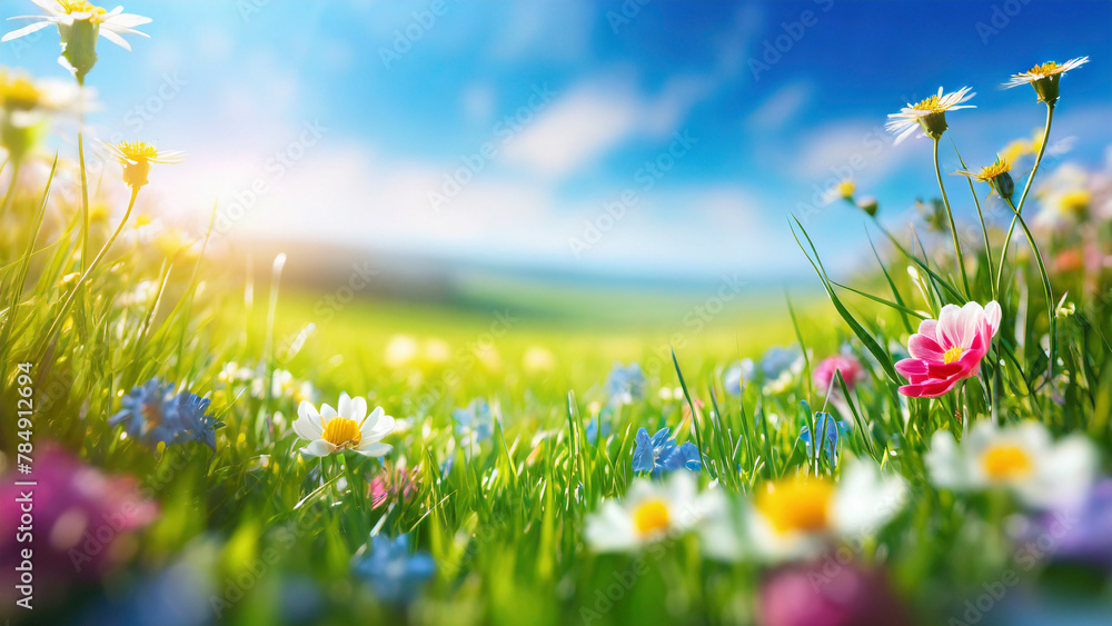 Fototapeta premium Spring meadow with colorful flowers. Nature background. Springtime.