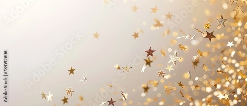 Close shot of star shaped confetti falling from sky in a clean backdrop with a big space for text or product advertisement  Generative AI.