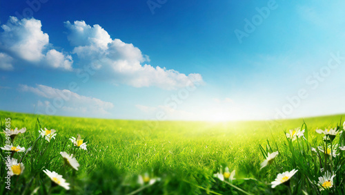 Green grass and blue sky with clouds. Nature background. Copy space.